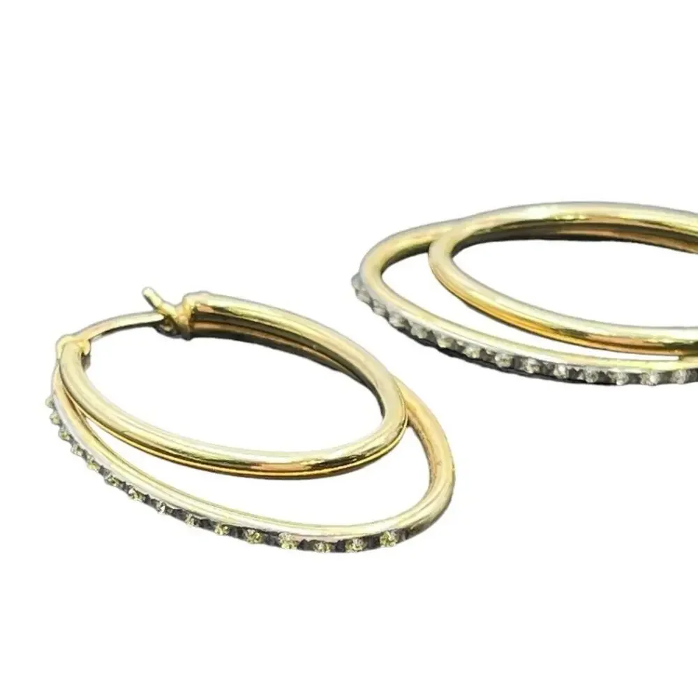 SLC Designer Sterling Silver Vermeil Pave Double‎ Hoop Pierced Earrings